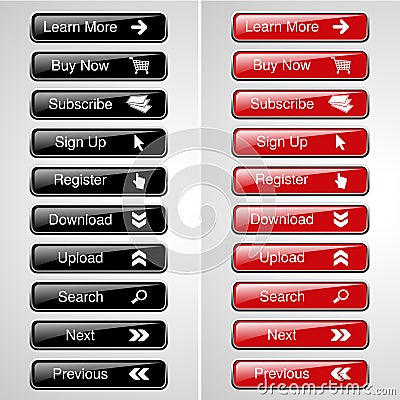 Buttons for website or app. Button - Buy now, Subscribe, Sign Up, Register, Download, Upload, Search, Next, Previous, Learn More Vector Illustration