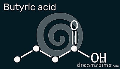 Butyric acid, butanoic acid molecule. Butyrates or butanoates are salts and esters . Skeletal chemical formula on the dark blue Stock Photo