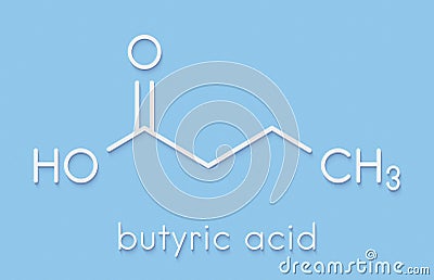 Butyric acid butanoic acid short-chain fatty acid molecule. Esters and salts are called butyrates. Skeletal formula. Stock Photo