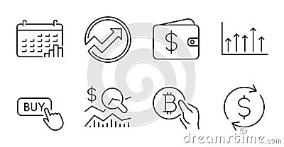 Buy button, Dollar wallet and Check investment icons set. Bitcoin pay, Growth chart and Calendar graph signs. Vector Vector Illustration