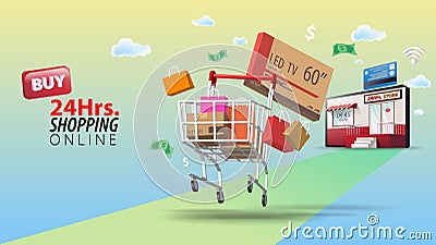 Buy and Delivery 24 Hours Online Shopping. Vector Illustration