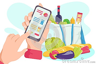 Buy food in online shop smartphone application, mobile technology, vector illustration. Flat internet app for making Vector Illustration
