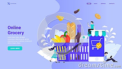 Buy food order grocery supermarket online.Flat vector illustration. Food delivery app. Shopping basket with food and drinks Vector Illustration