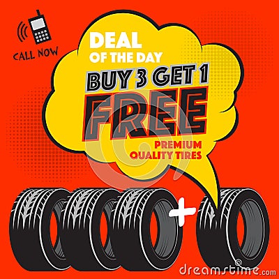 Buy 3 get 1 Free tires poster Vector Illustration