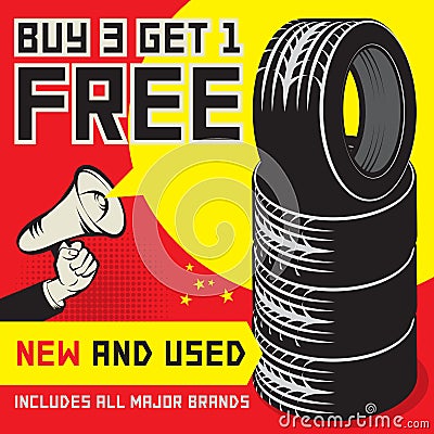 Buy 3 get 1 Free tires poster Vector Illustration