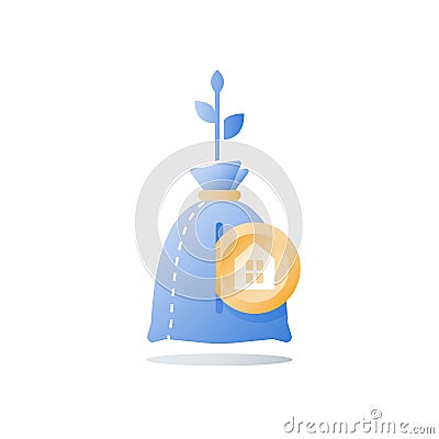 Buy house, mortgage concept, take loan, real estate payment, money bag, home budget Vector Illustration