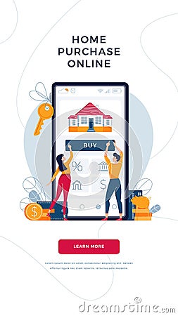 Buy a house online web banner template. Couple buying new home, touching the button on smartphone screen. Home-buying Vector Illustration