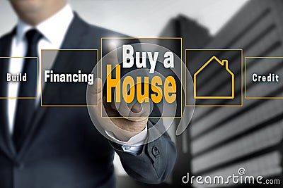 Buy a house touchscreen is operated by businessman Stock Photo