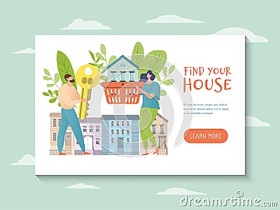 Buy house vector illustration, flat cartoon couple people buying new home, man woman character holding key and basket Vector Illustration