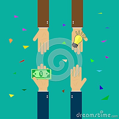 Buy ideas, idea trading for money, succeed in business, hand holds money, hand holds light bulb Vector Illustration