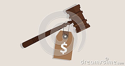 Buy justice law price tag dollar sign on hammer bribery corrupted trial judgment concept of auction Vector Illustration