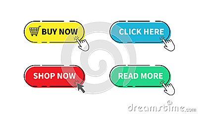 Buy now button. Shop now, Click here, Read more buttons. Vector illustration. Vector Illustration