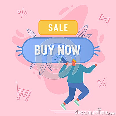 Buy Now Concept. Alert Advertising Campaign, Propaganda Speech, Pr Social Media Promotion, Online Public Relation Vector Illustration