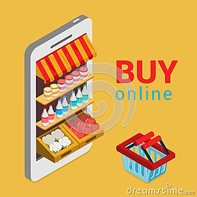 Buy online grocery shopping e-commerce flat 3d isometric vector Vector Illustration