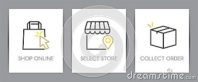 Buy online, select store and collect order. Shopping online concept. Web page template. Metaphors with icons Vector Illustration