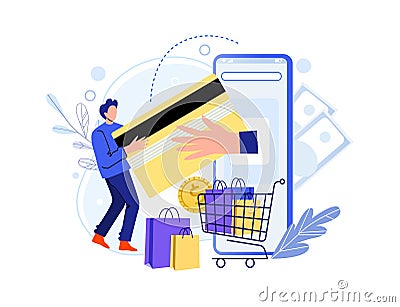 Buy in online shop with smartphone, pay card Cartoon Illustration