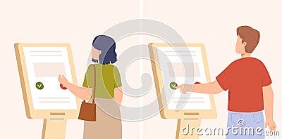 Buy or pay in postamat. Man woman stand at auto screen, banking or ticket buying. Simple digital or electronic service Vector Illustration