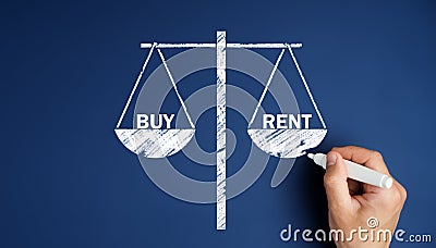 buy or rent choice, real estate concept. male hand draws scales with words Stock Photo