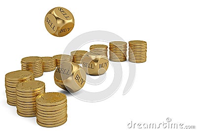 Buy or sell dices and gold coin stacks on white background.3D il Cartoon Illustration