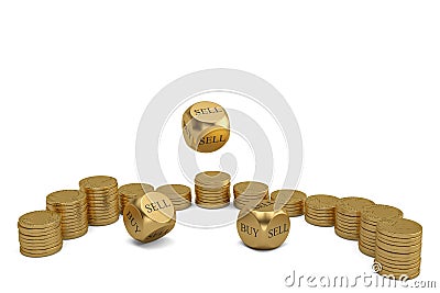Buy or sell dices and gold coin stacks on white background.3D il Cartoon Illustration