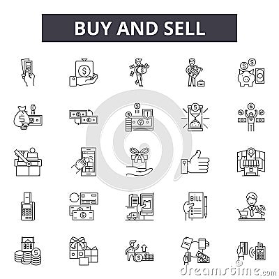 Buy and sell line icons, signs set, vector. Buy and sell outline concept, illustration: buy,business,sell,market,sale Vector Illustration