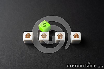 Buy a suitable house from the proposed options. Make a selection of the best home. Choice checked with a tick. Finding the perfect Stock Photo