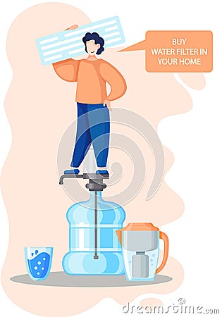 Buy water household filter in your home for cleaning tap water from mechanical, insoluble particles Vector Illustration