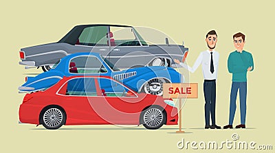 Buyer chooses a new car of the three proposed manager Business Vector Illustration