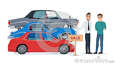 Buyer chooses a new car of the three proposed manager Business Vector Illustration