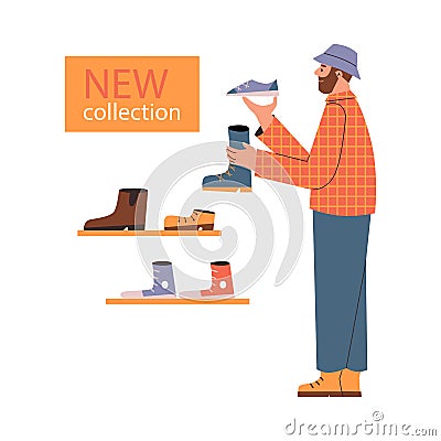 Buyer chooses shoes from the new collection flat vector illustration isolated. Vector Illustration