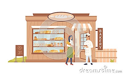 Buyer and seller at bakery shop pastry bread store Vector Illustration