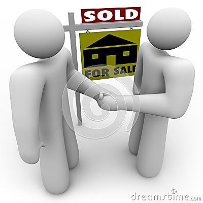 Buyer and Seller Handshake - For Sale Sign Stock Photo