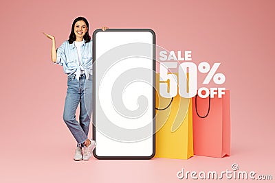 Buyer Woman Near Blank Phone With Bags Advertising Sale, Collage Stock Photo