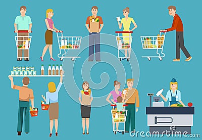 Buyers In Supermarket Set Vector Illustration
