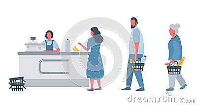 Buyers in the supermarket. There is a supermarket cashier behind the cash register Vector Illustration