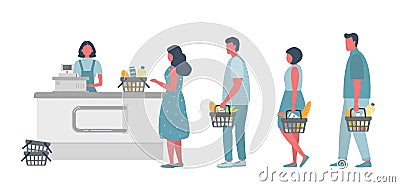 Buyers in the supermarket. There is a supermarket cashier behind the cash register. Shoppers hold food baskets in their hands Vector Illustration