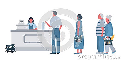 Buyers in the supermarket. There is a supermarket cashier behind the cash register. Shoppers hold food baskets in their hands. Vector Illustration