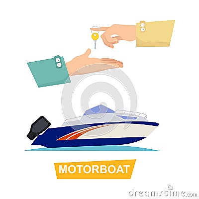 Buying Blue Speed Motorboat on White Background. Vector Illustration