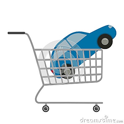 `Buying a car` concept with a blue car in the shopping cart Vector Illustration