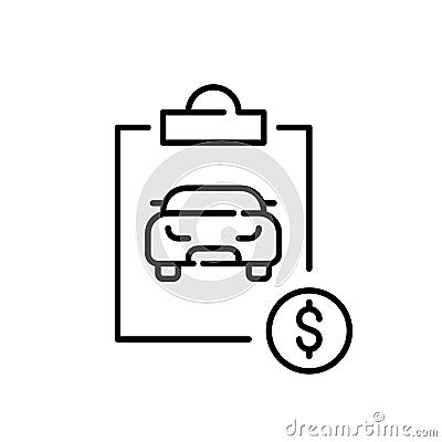 Buying car at dealership. Agreement on clipboard. Pixel perfect, editable stroke Vector Illustration