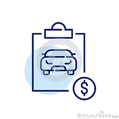 Buying car at dealership. Agreement on clipboard. Pixel perfect icon Vector Illustration