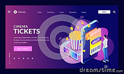 Buying cinema or concert tickets online. Vector 3d isometric illustration. Movie premiere, theater show concept Vector Illustration