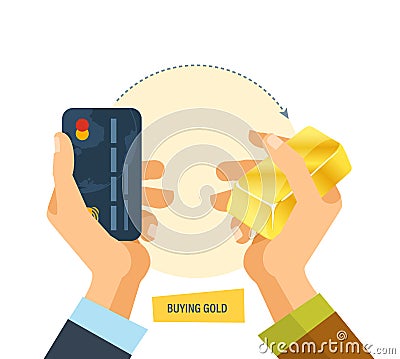 Buying gold. Hands hold bank card, an ingot of gold. Vector Illustration