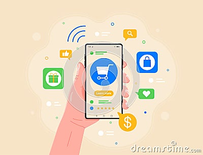 Buying from home vector illustration. Male hand holding smartphone with open internet application for e-purchasing. Vector Illustration