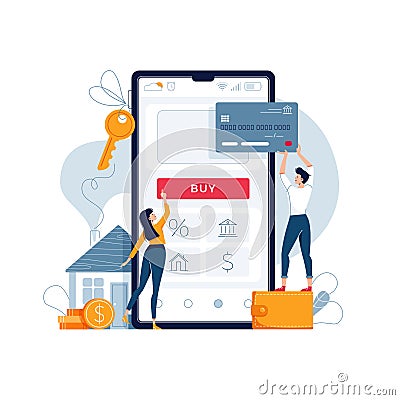 Buying house online. People buy real estate, touche the button on phone and pay by credit card. Mortgage loan, purchase Vector Illustration