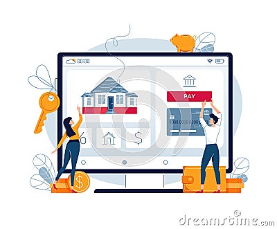 Buying a house online vector illustration. Couple touching the button on monitor screen, buy a home paying by credit Vector Illustration