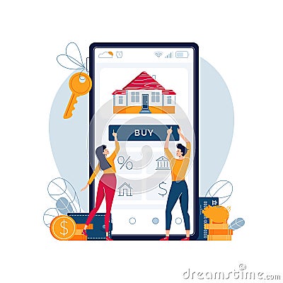 Buying a house online vector illustration. Couple touching the button on smartphone screen, buy a home paying online Vector Illustration