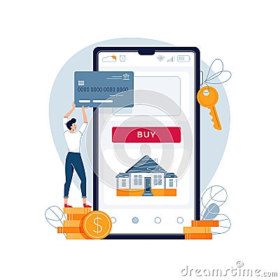 Buying a house online vector illustration. Man buys a home paying by credit card. Dealing house, property digital web Vector Illustration