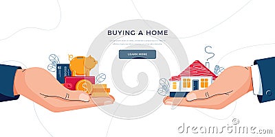 Buying a new home concept. Hands with a house and money. Deal sale, purchase of real property, mortgage loan, buy a home Vector Illustration