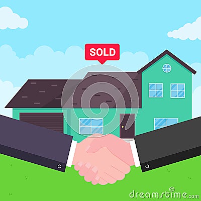 Buying new house on sale. Two hands shaking, Vector Illustration